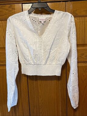 Shyanne White Eyelet V-Neck Smocked Crop Blouse- Small